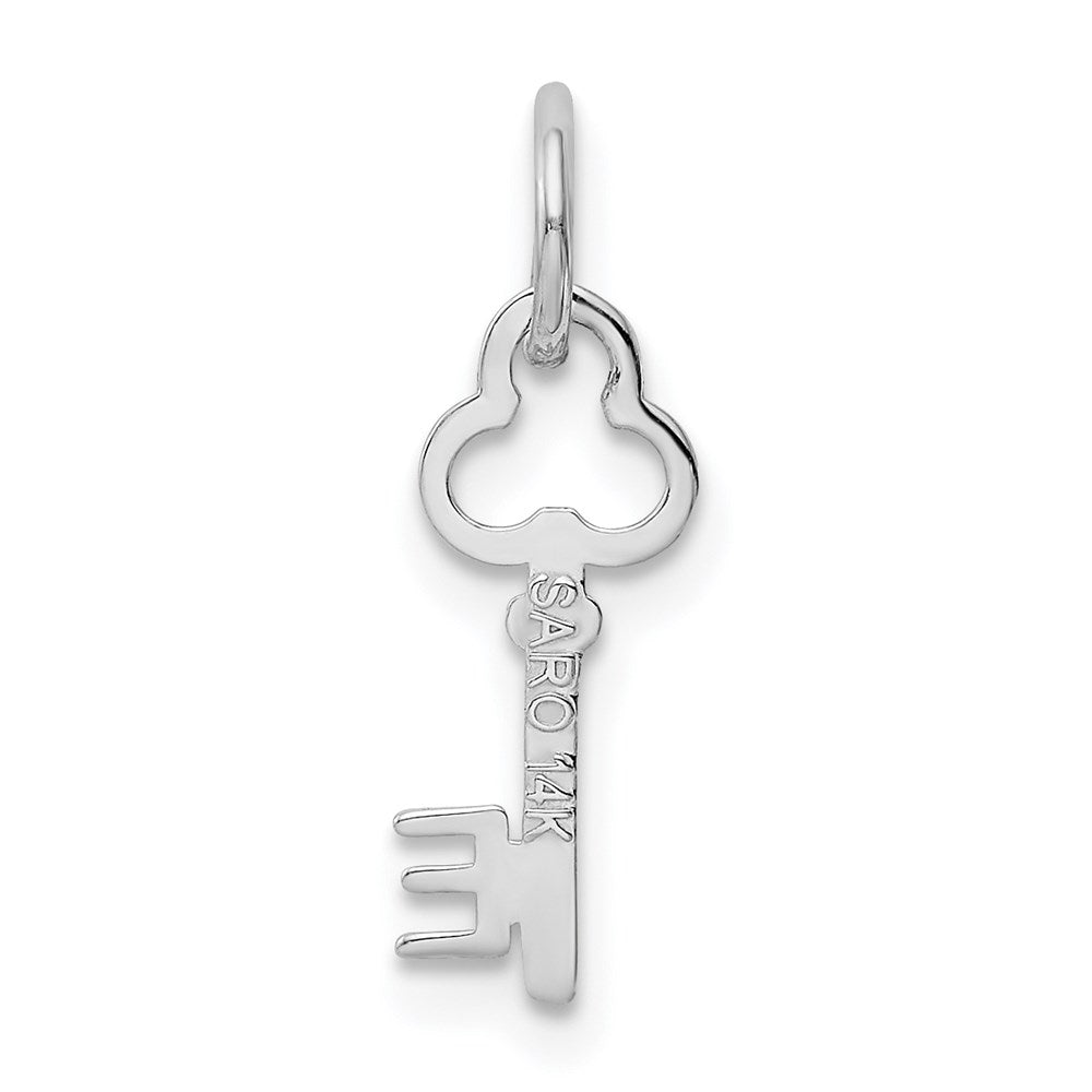 Alternate view of the 14k White Gold, Hannah Collection, Mini Initial E Shamrock Key Charm by The Black Bow Jewelry Co.