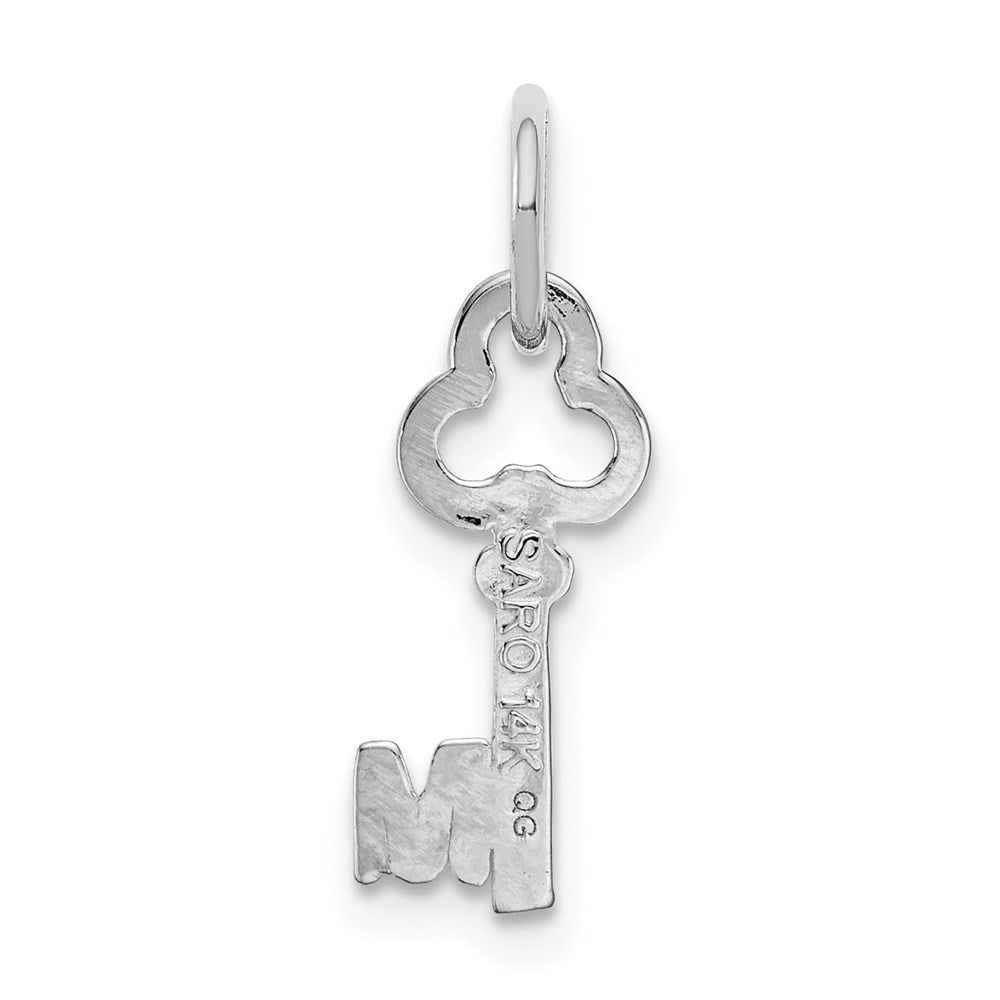 Alternate view of the 14k White Gold, Hannah Collection, Mini Initial M Shamrock Key Charm by The Black Bow Jewelry Co.
