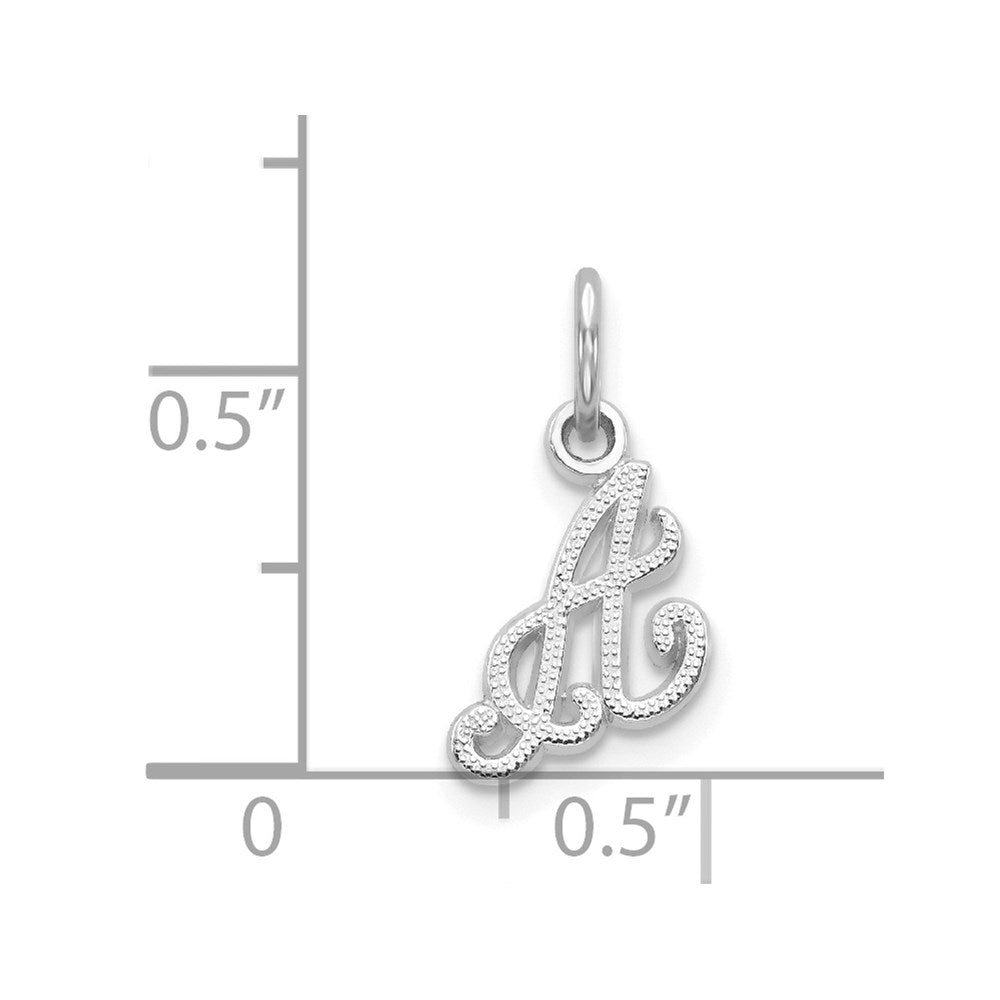 Alternate view of the 14k White Gold, Sadie Collection, Mini Satin Script Initial A Charm by The Black Bow Jewelry Co.