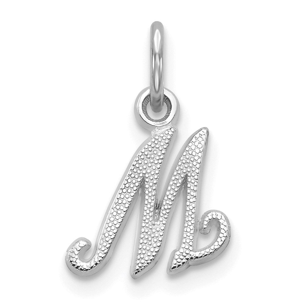 14k White Gold, Sadie Collection, Mini Satin Script Initial M Charm, Item P10435-M by The Black Bow Jewelry Co.