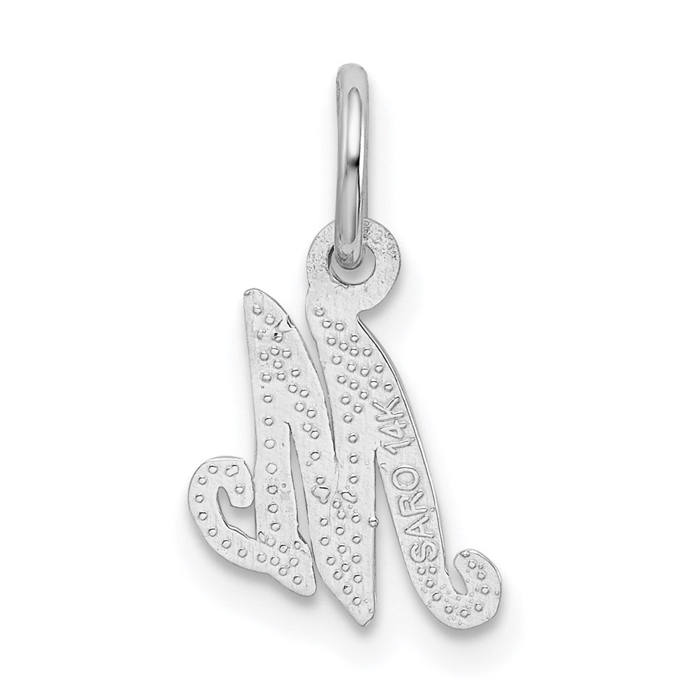 Alternate view of the 14k White Gold, Sadie Collection, Mini Satin Script Initial M Charm by The Black Bow Jewelry Co.