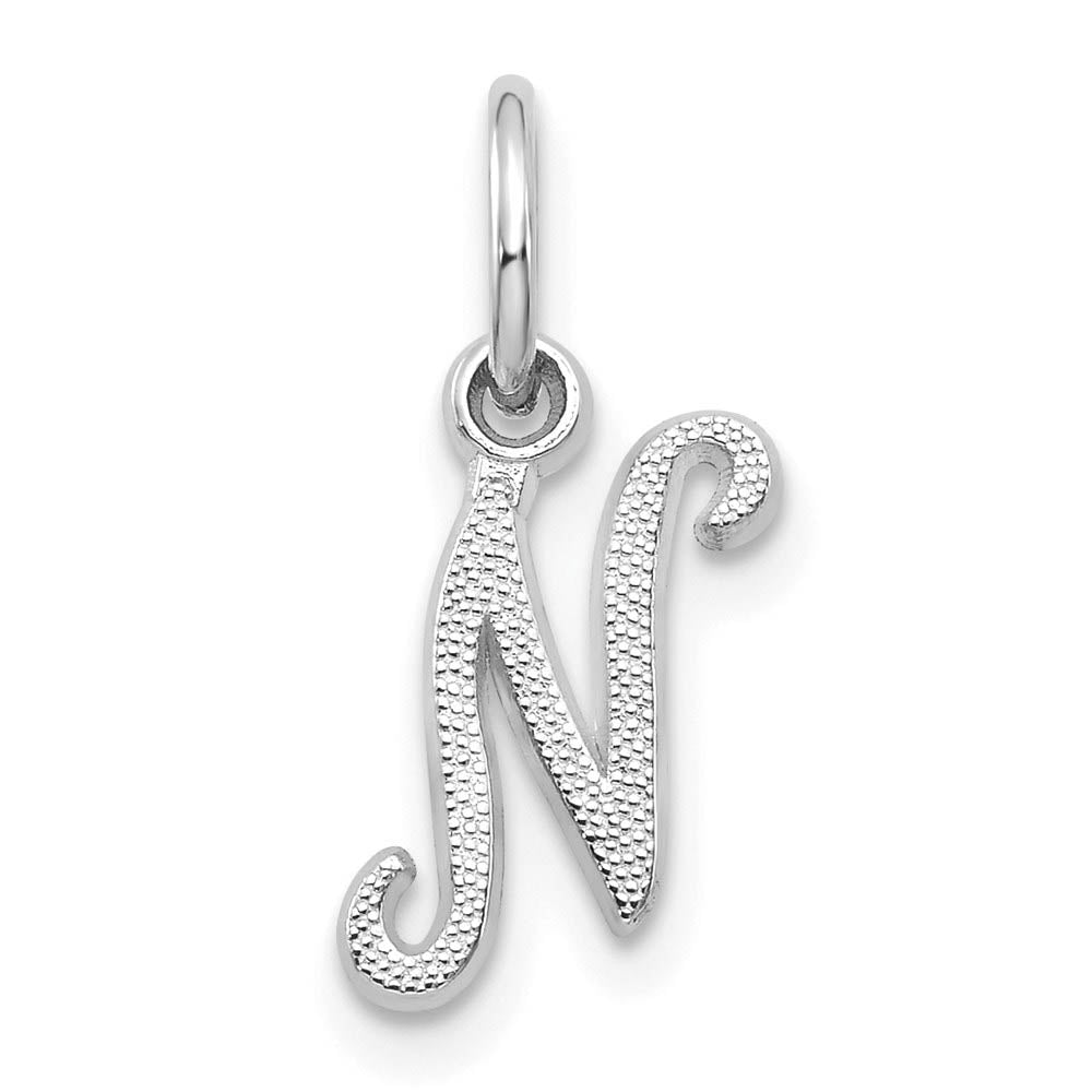 14k White Gold, Sadie Collection, Mini Satin Script Initial N Charm, Item P10435-N by The Black Bow Jewelry Co.
