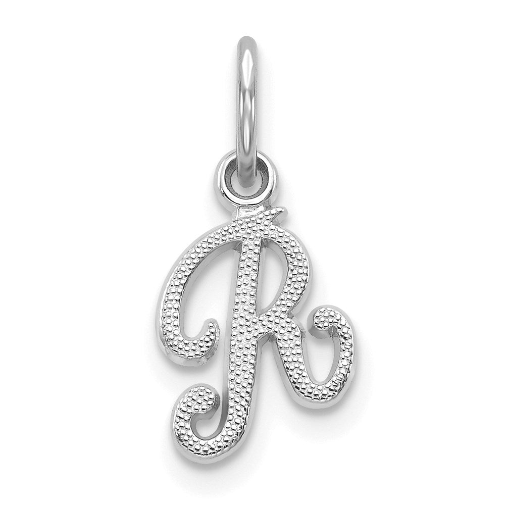 14k White Gold, Sadie Collection, Mini Satin Script Initial R Charm, Item P10435-R by The Black Bow Jewelry Co.