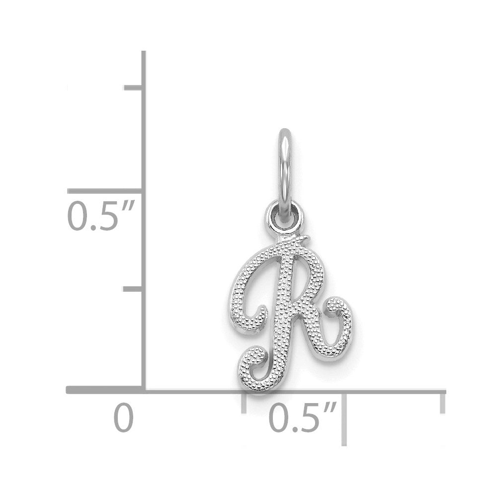 Alternate view of the 14k White Gold, Sadie Collection, Mini Satin Script Initial R Charm by The Black Bow Jewelry Co.