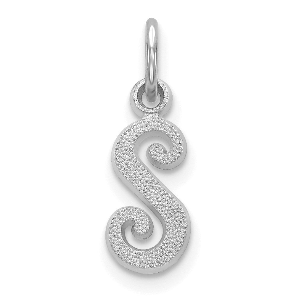 14k White Gold, Sadie Collection, Mini Satin Script Initial S Charm, Item P10435-S by The Black Bow Jewelry Co.