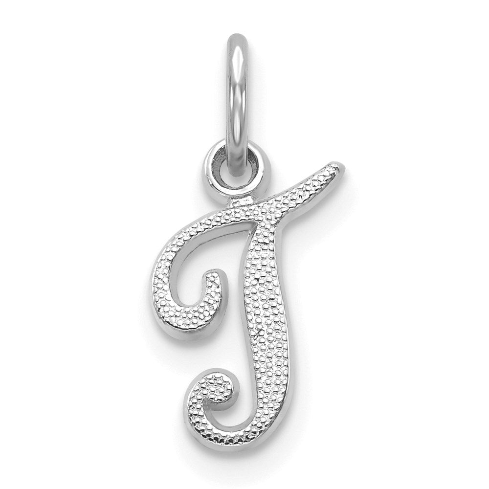14k White Gold, Sadie Collection, Mini Satin Script Initial T Charm, Item P10435-T by The Black Bow Jewelry Co.