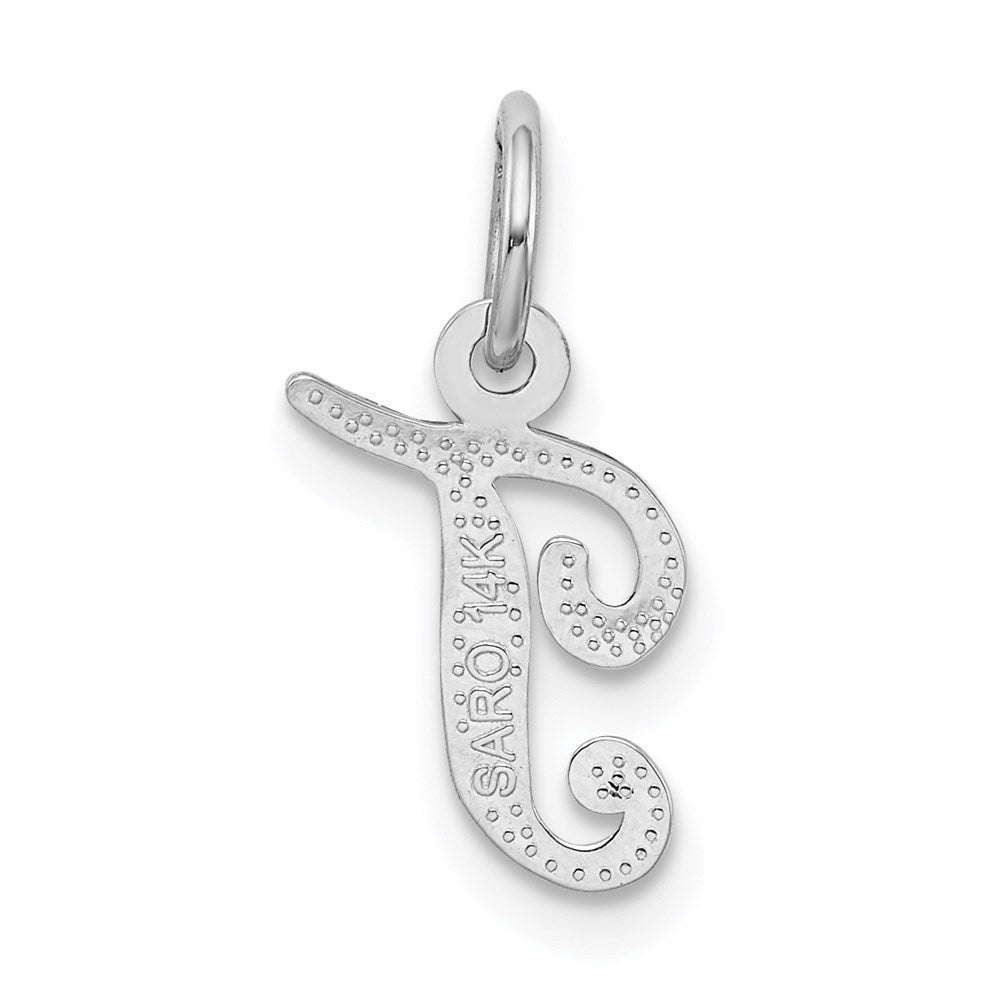 Alternate view of the 14k White Gold, Sadie Collection, Mini Satin Script Initial T Charm by The Black Bow Jewelry Co.