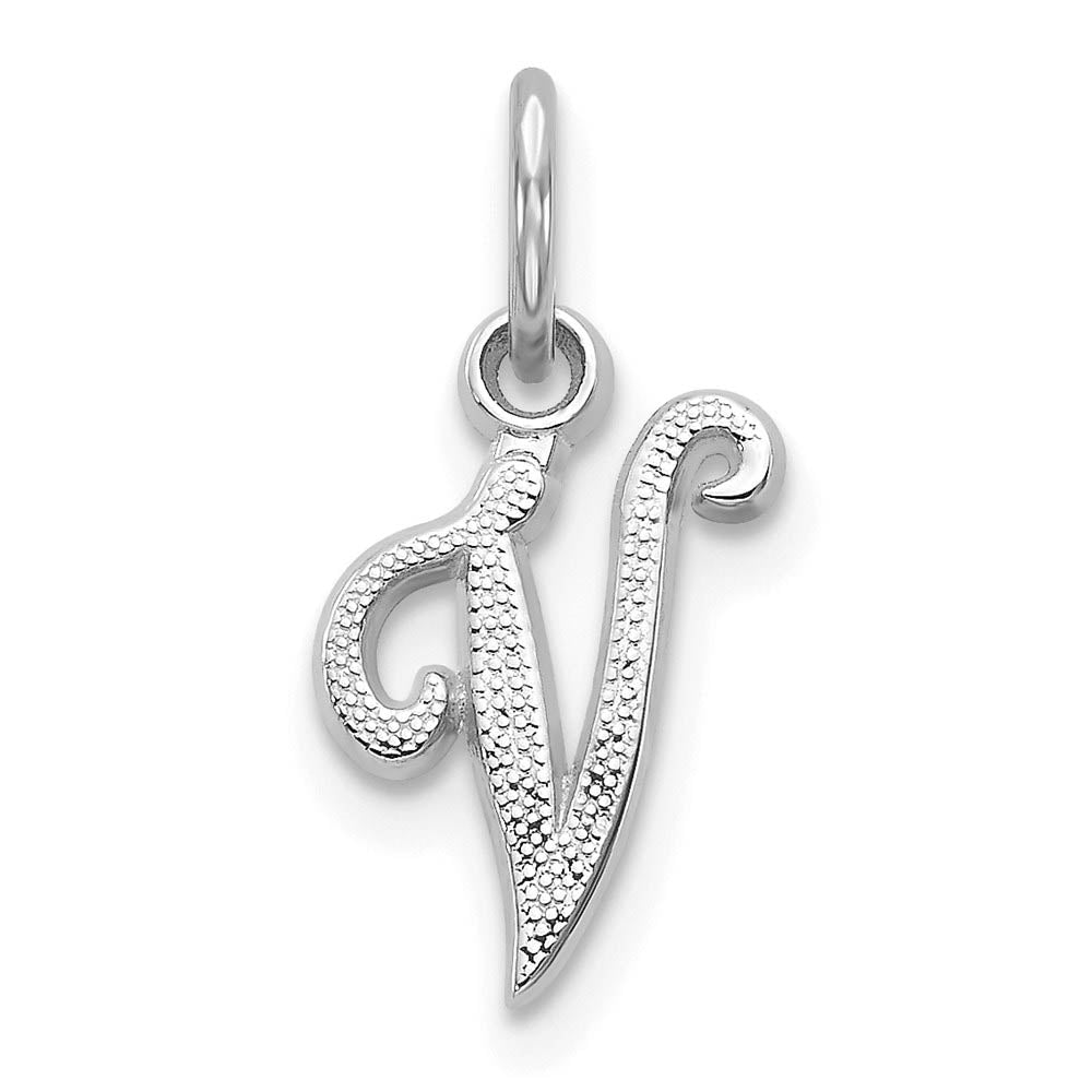 14k White Gold, Sadie Collection, Mini Satin Script Initial V Charm, Item P10435-V by The Black Bow Jewelry Co.