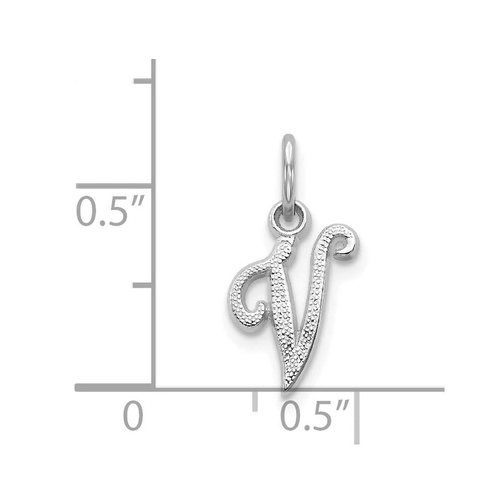 Alternate view of the 14k White Gold, Sadie Collection, Mini Satin Script Initial V Charm by The Black Bow Jewelry Co.