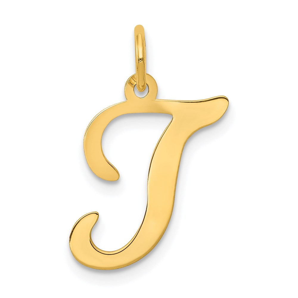 14k Yellow Gold, Sophia Collection, Small Script Initial T Pendant, Item P10436-T by The Black Bow Jewelry Co.