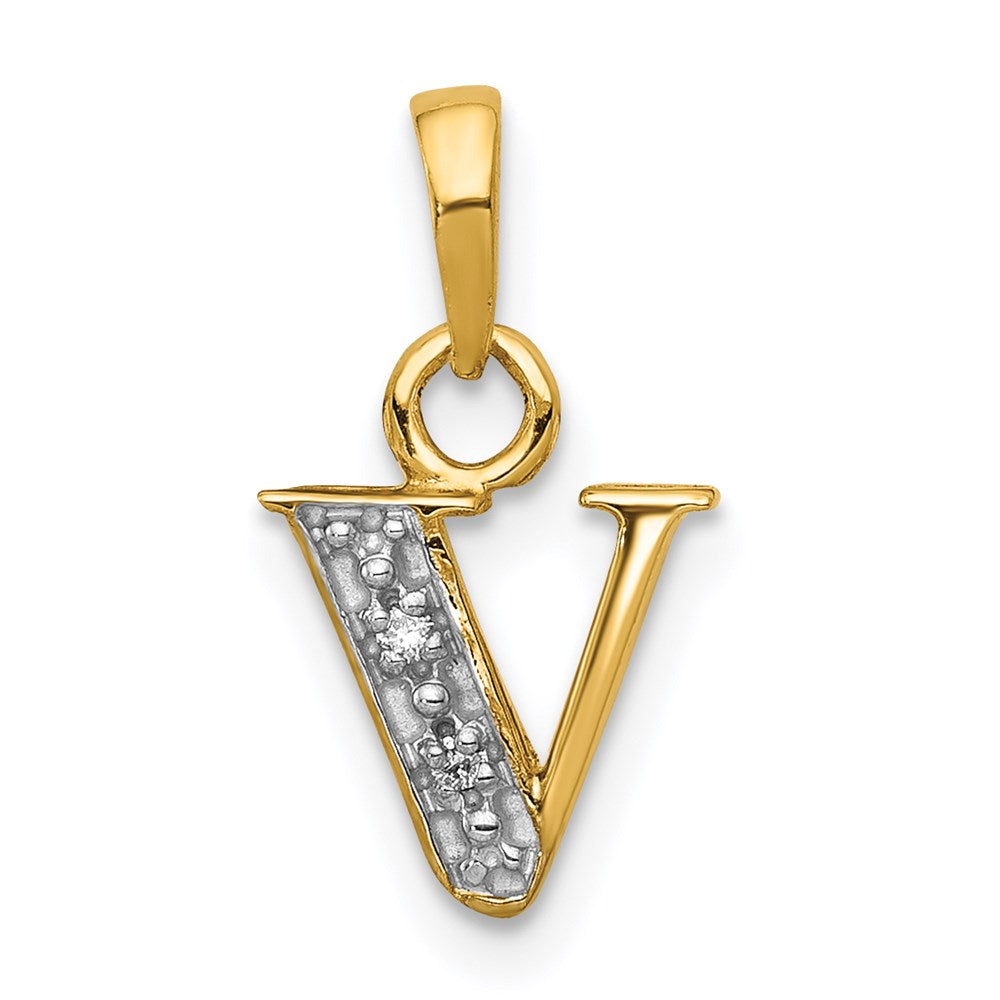 The Chloe Mini Diamond Accent initial V Pendant in 14k Yellow Gold, Item P10440-V by The Black Bow Jewelry Co.