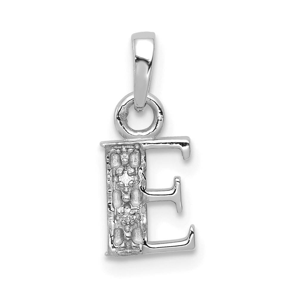 The Chloe Mini Diamond Accent Initial E Pendant in 14k White Gold, Item P10441-E by The Black Bow Jewelry Co.