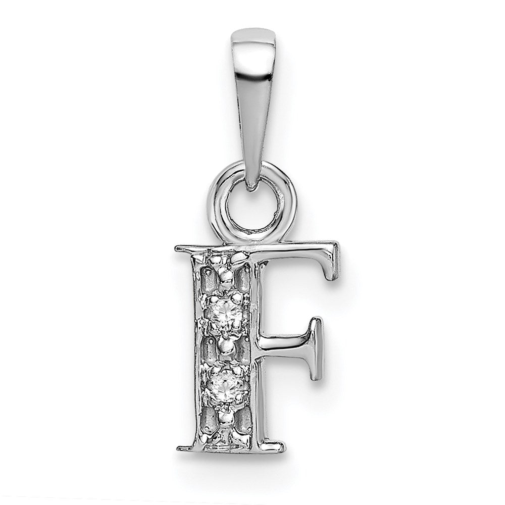 The Chloe Mini Diamond Accent Initial F Pendant in 14k White Gold, Item P10441-F by The Black Bow Jewelry Co.