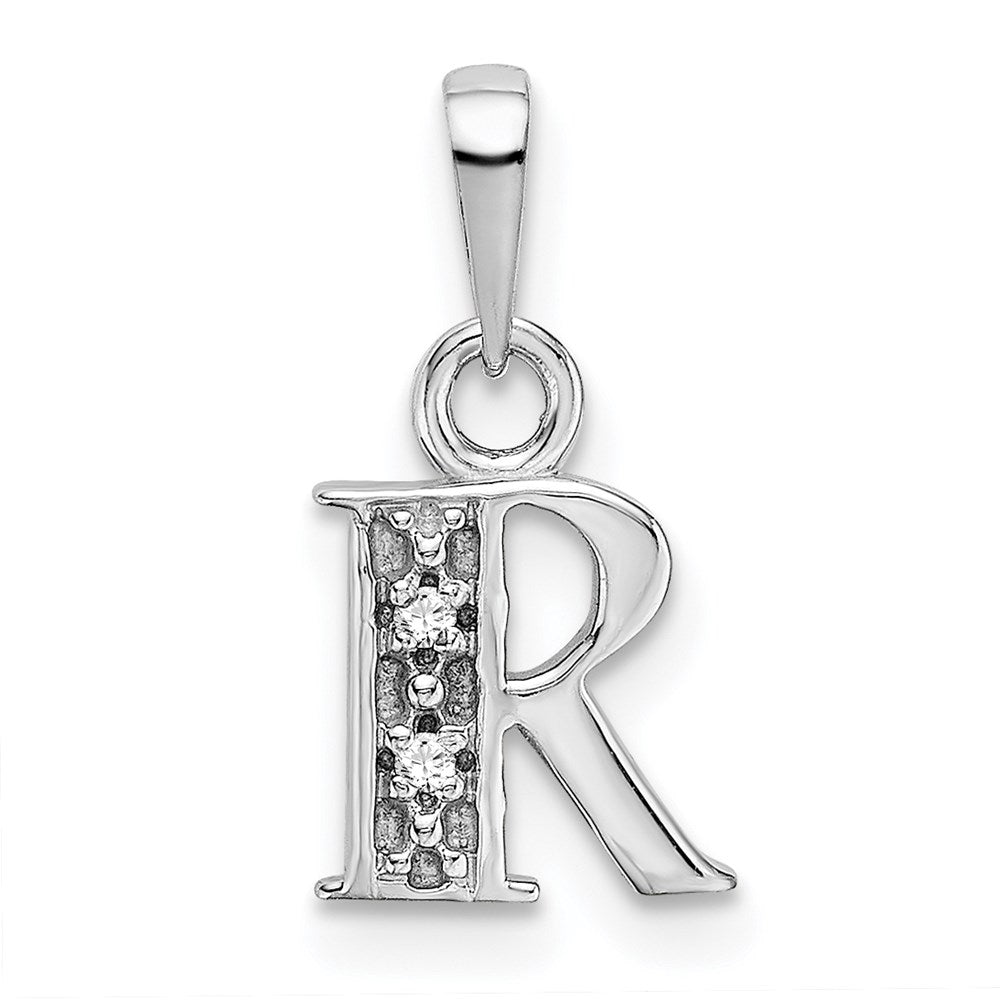 The Chloe Mini Diamond Accent Initial R Pendant in 14k White Gold, Item P10441-R by The Black Bow Jewelry Co.