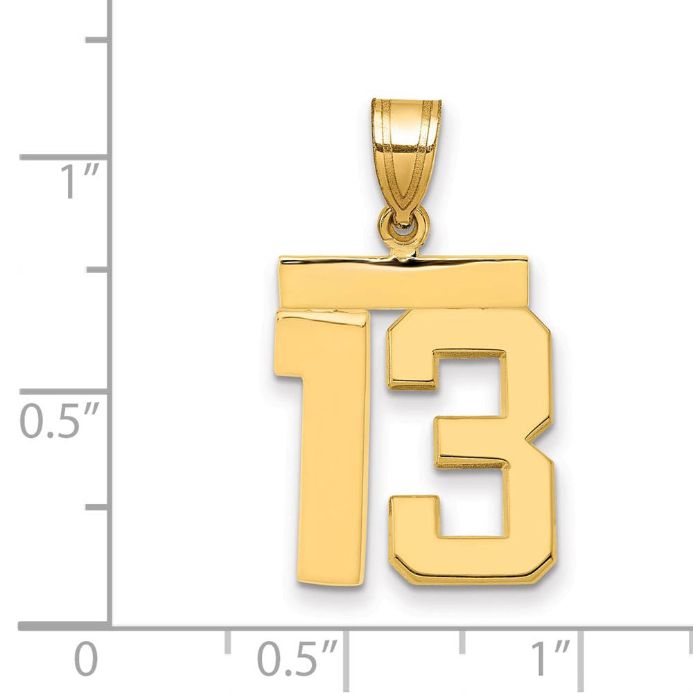 Alternate view of the 14k Yellow Gold, Athletic Collection Medium Polished Number 13 Pendant by The Black Bow Jewelry Co.