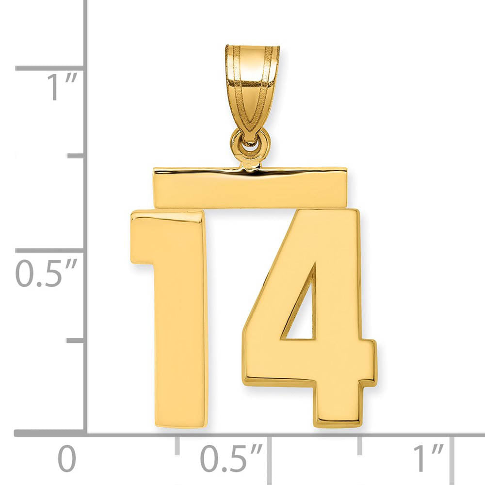 Alternate view of the 14k Yellow Gold, Athletic Collection Medium Polished Number 14 Pendant by The Black Bow Jewelry Co.
