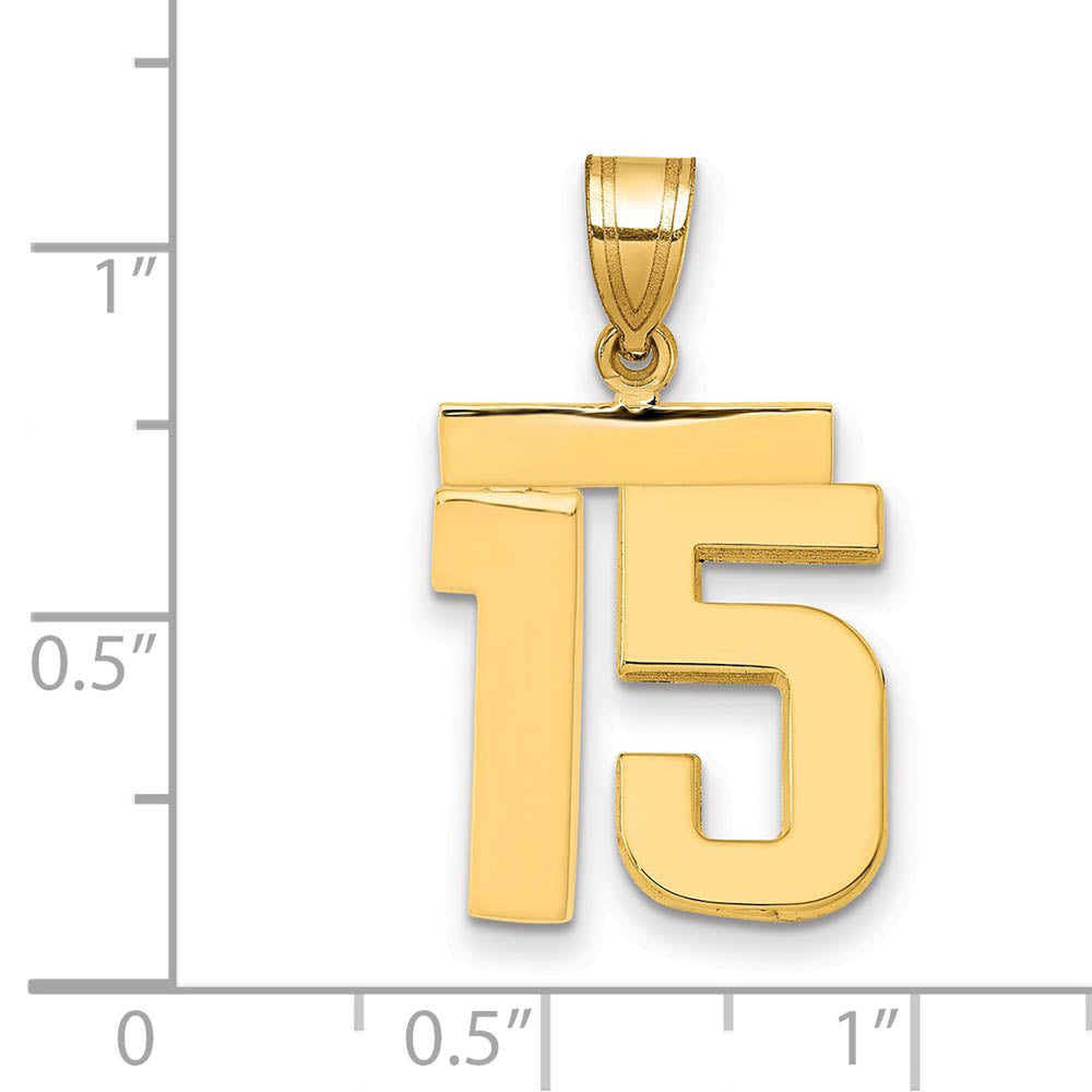 Alternate view of the 14k Yellow Gold, Athletic Collection Medium Polished Number 15 Pendant by The Black Bow Jewelry Co.