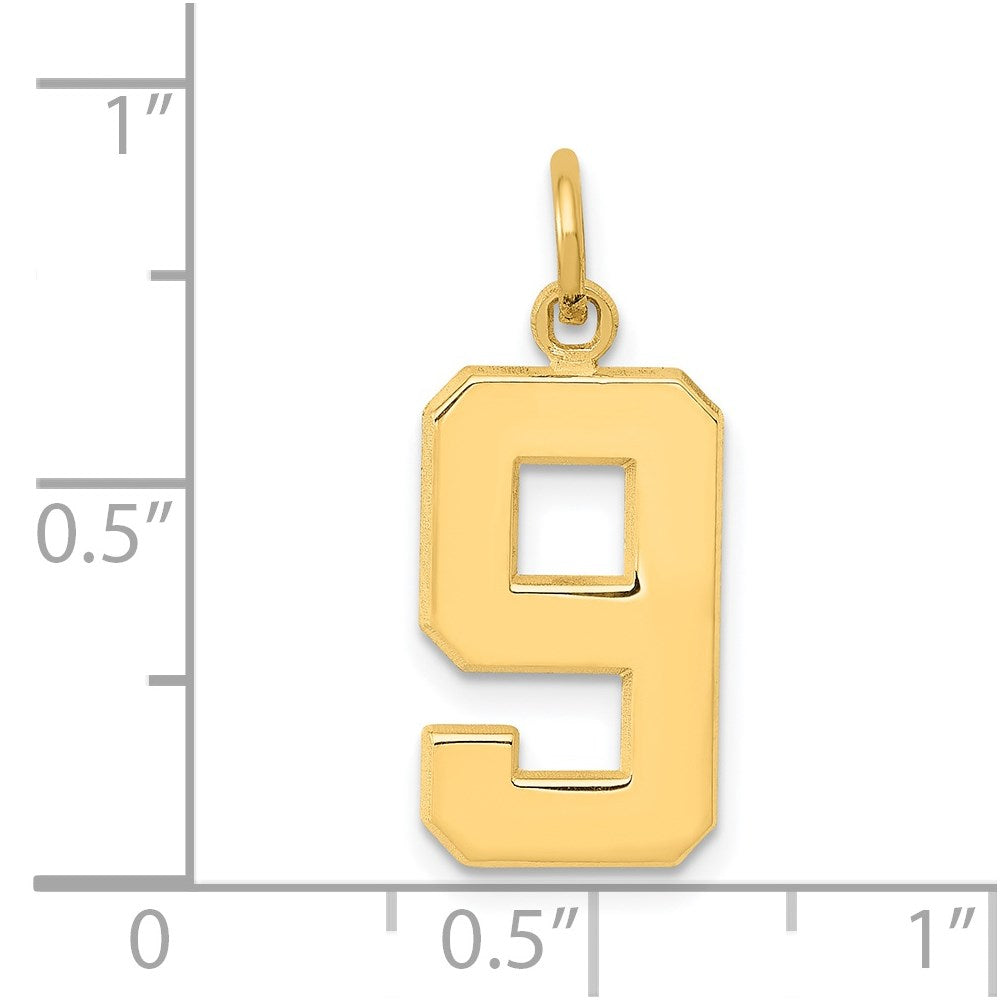 Alternate view of the 14k Yellow Gold, Athletic Collection Medium Polished Number 9 Pendant by The Black Bow Jewelry Co.