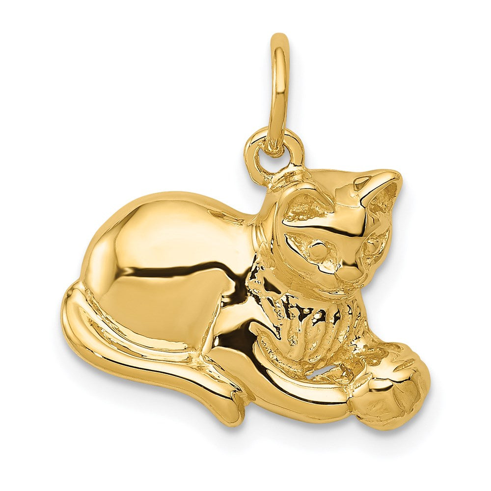14k Yellow Gold 2D Cat and Ball Charm or Pendant, Item P10464 by The Black Bow Jewelry Co.