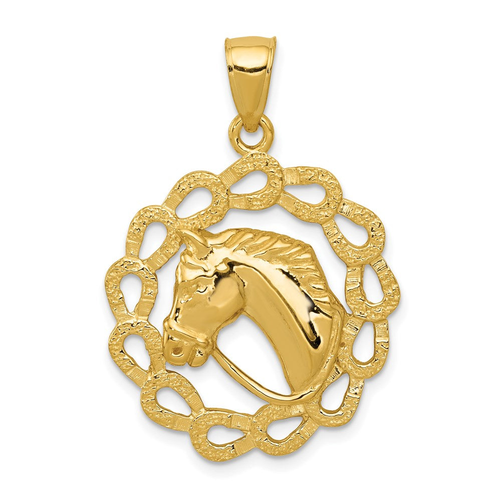 14k Yellow Gold Horse Head and Horseshoe Wreath Pendant, 24mm, Item P10506 by The Black Bow Jewelry Co.
