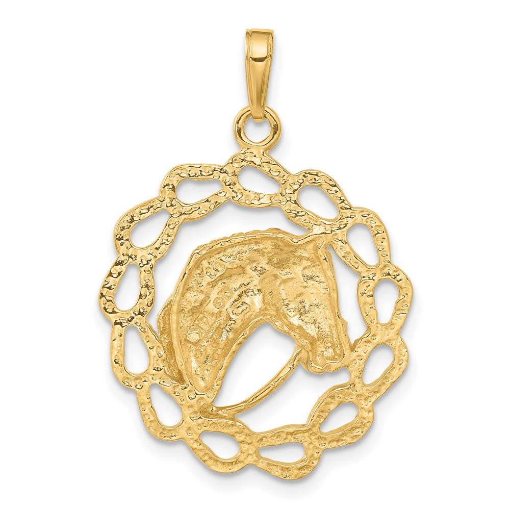 Alternate view of the 14k Yellow Gold Horse Head and Horseshoe Wreath Pendant, 24mm by The Black Bow Jewelry Co.