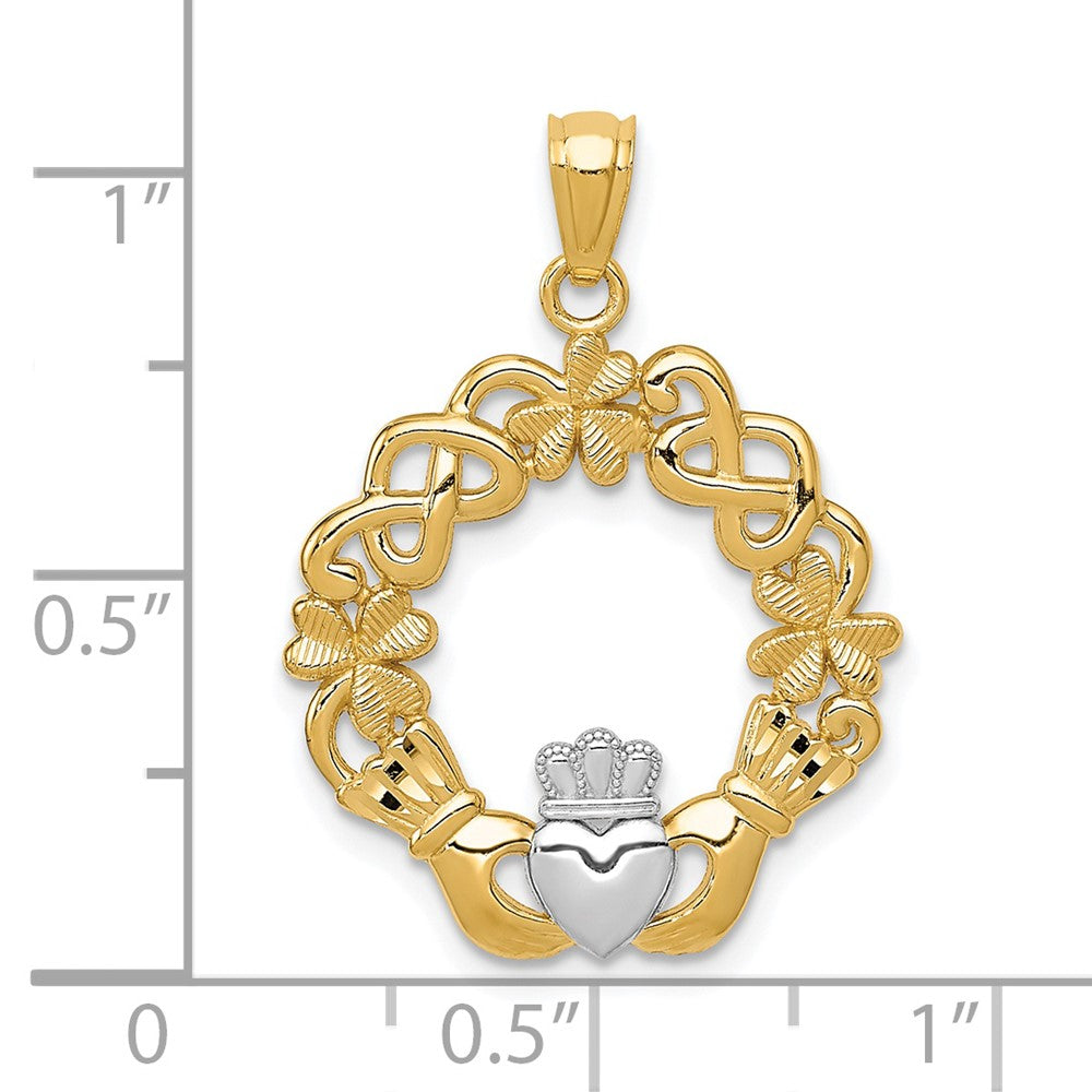 Alternate view of the 14k Yellow Gold and White Rhodium Irish Claddagh Pendant, 20mm by The Black Bow Jewelry Co.