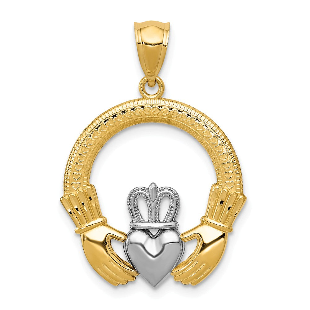 14k Yellow Gold and White Rhodium Two Tone Claddagh Pendant, 20mm, Item P10516 by The Black Bow Jewelry Co.