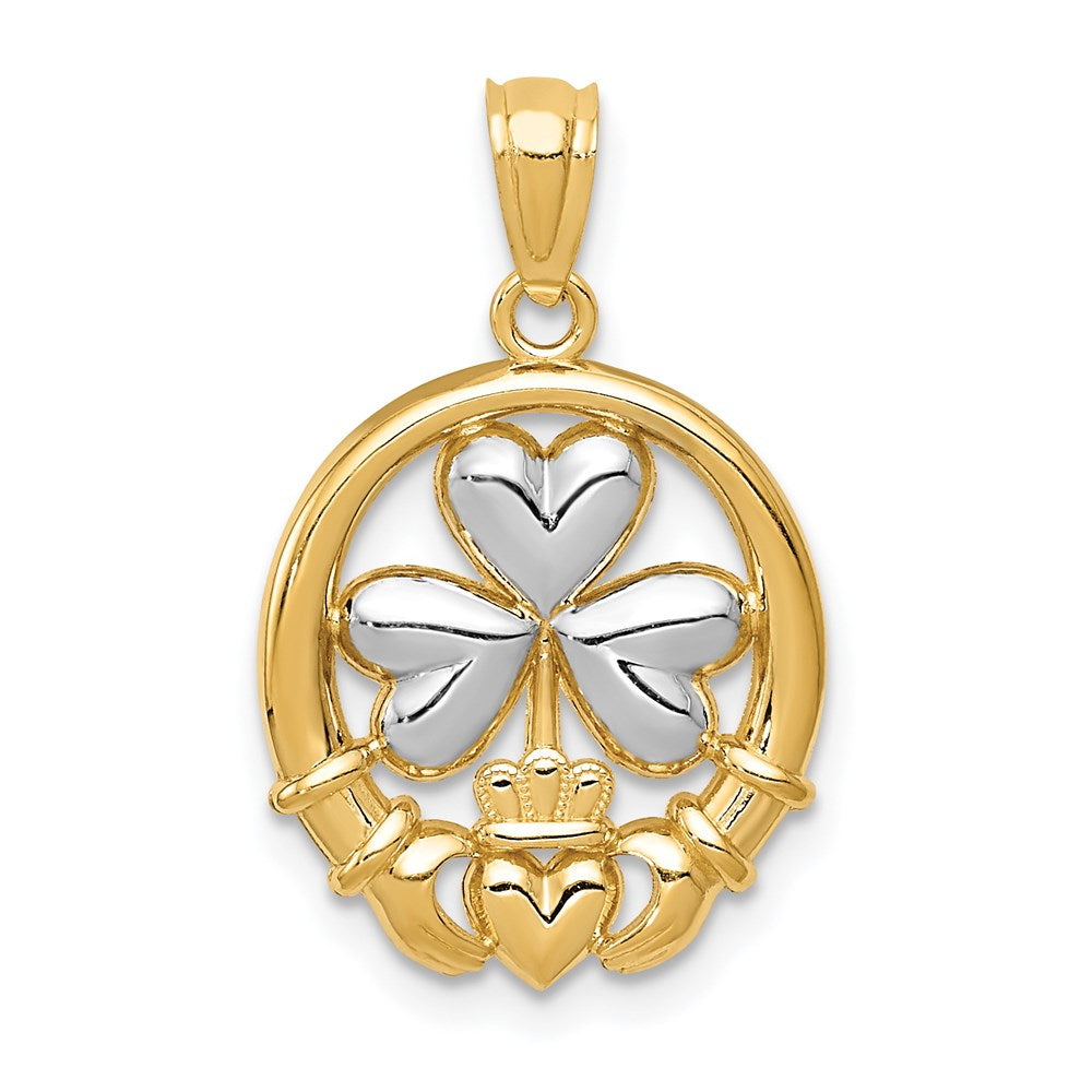 14k Yellow Gold & White Rhodium Two Tone Claddagh and Shamrock Pendant, Item P10517 by The Black Bow Jewelry Co.
