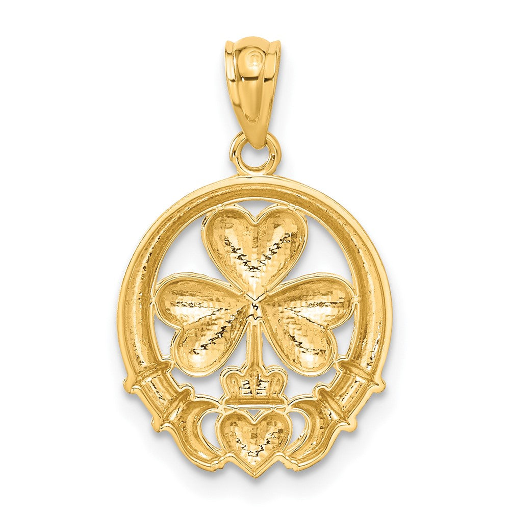 Alternate view of the 14k Yellow Gold & White Rhodium Two Tone Claddagh and Shamrock Pendant by The Black Bow Jewelry Co.