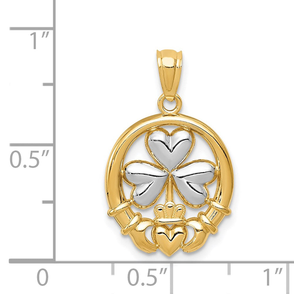 Alternate view of the 14k Yellow Gold & White Rhodium Two Tone Claddagh and Shamrock Pendant by The Black Bow Jewelry Co.