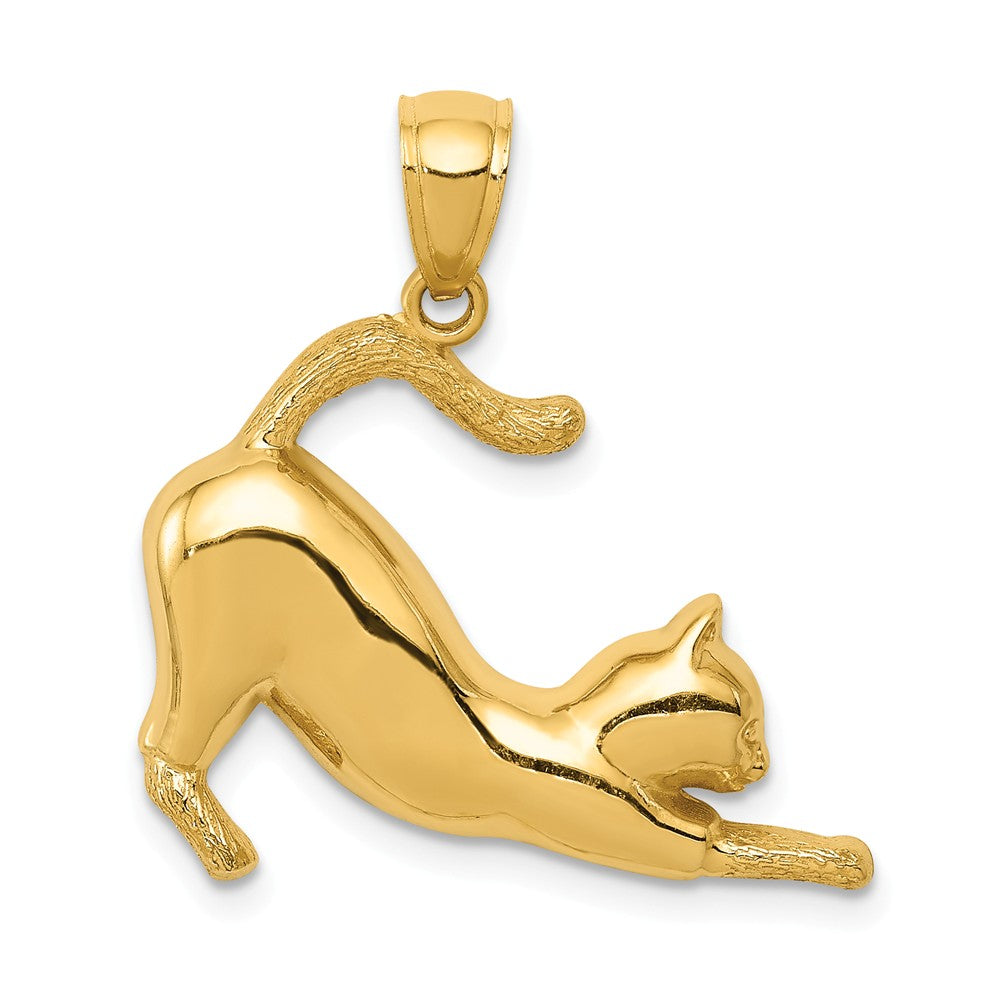 14k Yellow Gold 2D Polished Stretching Cat Pendant, Item P10539 by The Black Bow Jewelry Co.