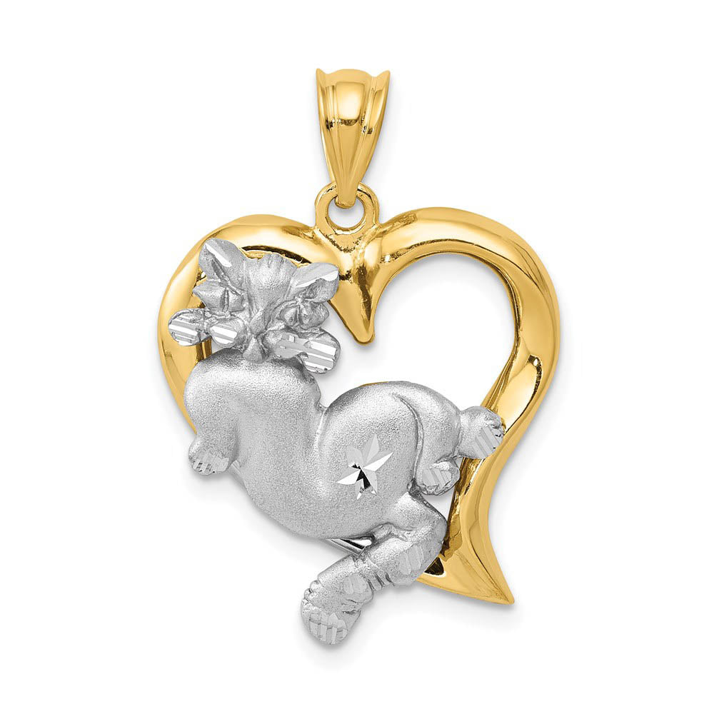 14k Two Tone Gold Satin and Diamond Cut Cat and Heart Pendant, Item P10583 by The Black Bow Jewelry Co.