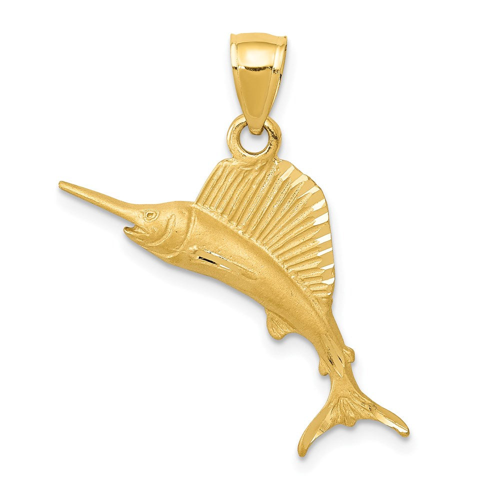 14k Yellow Gold Small Satin and Diamond Cut Sailfish Pendant, Item P10637 by The Black Bow Jewelry Co.