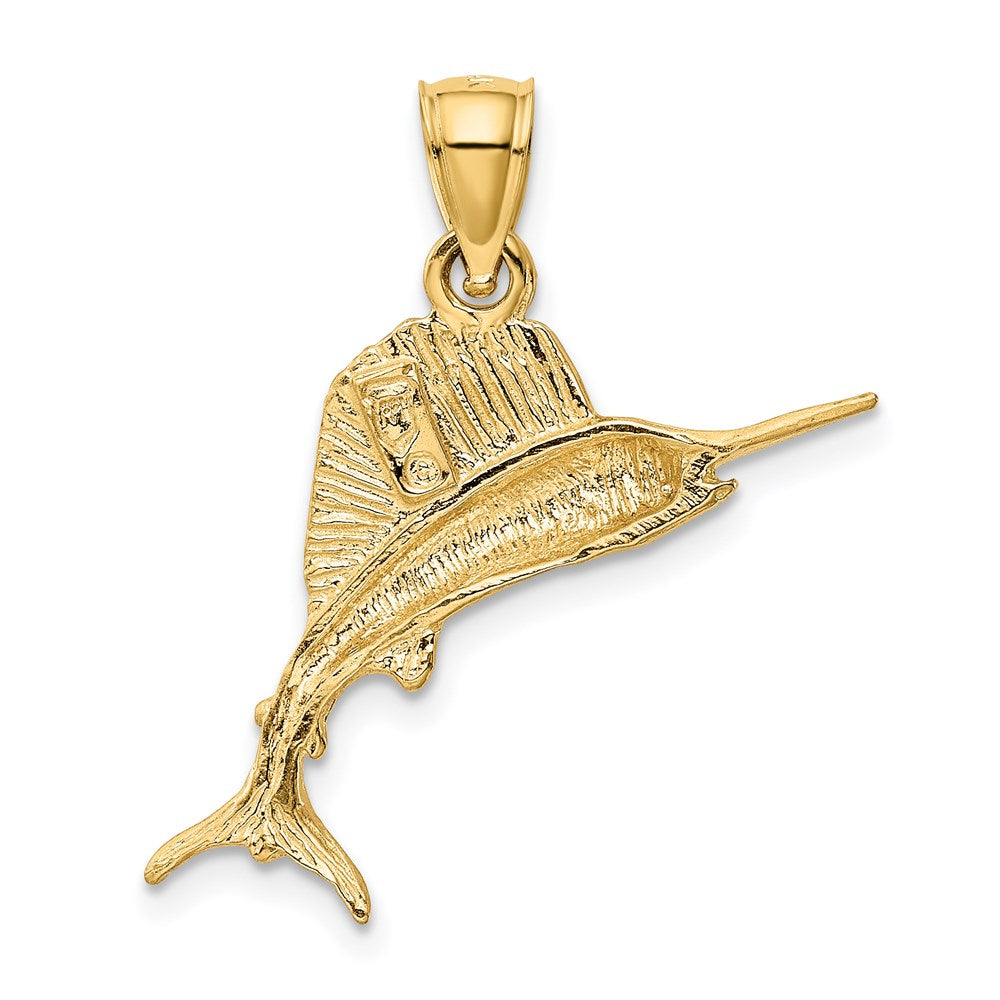 Alternate view of the 14k Yellow Gold Small Satin and Diamond Cut Sailfish Pendant by The Black Bow Jewelry Co.