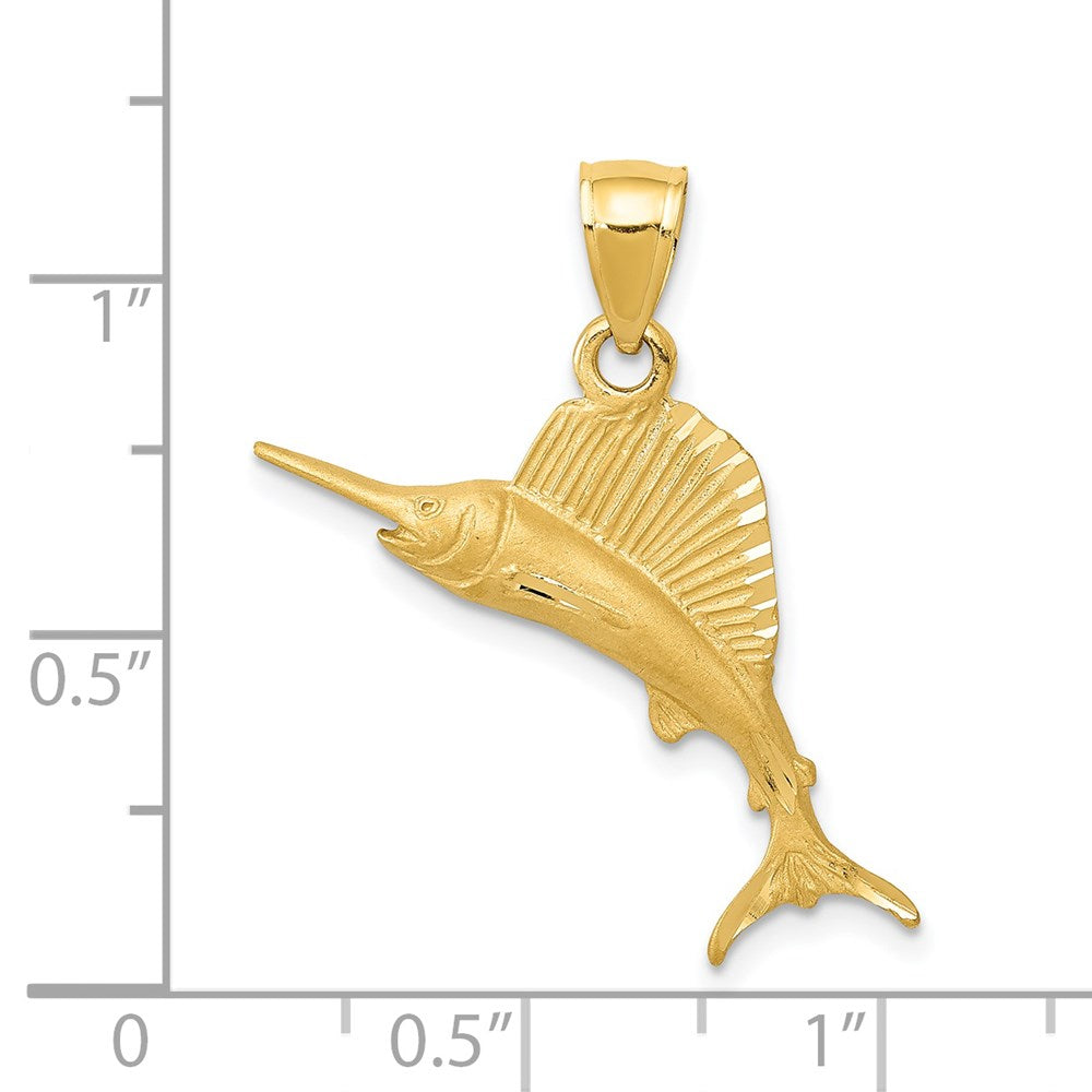 Alternate view of the 14k Yellow Gold Small Satin and Diamond Cut Sailfish Pendant by The Black Bow Jewelry Co.