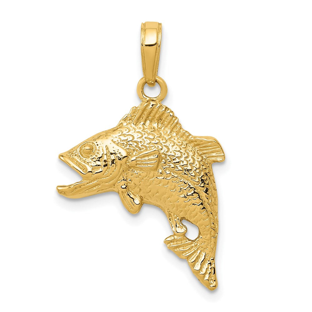 14k Yellow Gold Textured Jumping Bass Fish Pendant, Item P10640 by The Black Bow Jewelry Co.