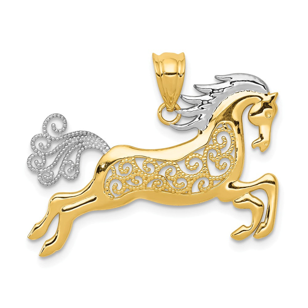 14k Yellow Gold and White Rhodium Two Tone Filigree Horse Pendant, Item P10709 by The Black Bow Jewelry Co.