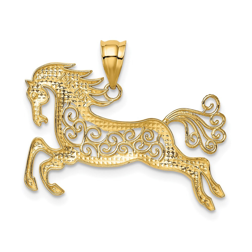 Alternate view of the 14k Yellow Gold and White Rhodium Two Tone Filigree Horse Pendant by The Black Bow Jewelry Co.