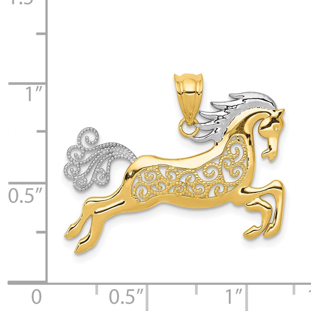 Alternate view of the 14k Yellow Gold and White Rhodium Two Tone Filigree Horse Pendant by The Black Bow Jewelry Co.