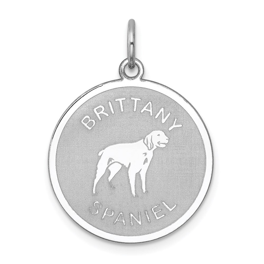 Sterling Silver Laser Etched Brittany Spaniel Dog Pendant, 19mm, Item P10739 by The Black Bow Jewelry Co.