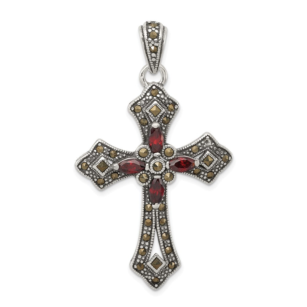 Sterling Silver, Red CZ & Marcasite Antiqued Passion Cross Pendant, Item P10813 by The Black Bow Jewelry Co.