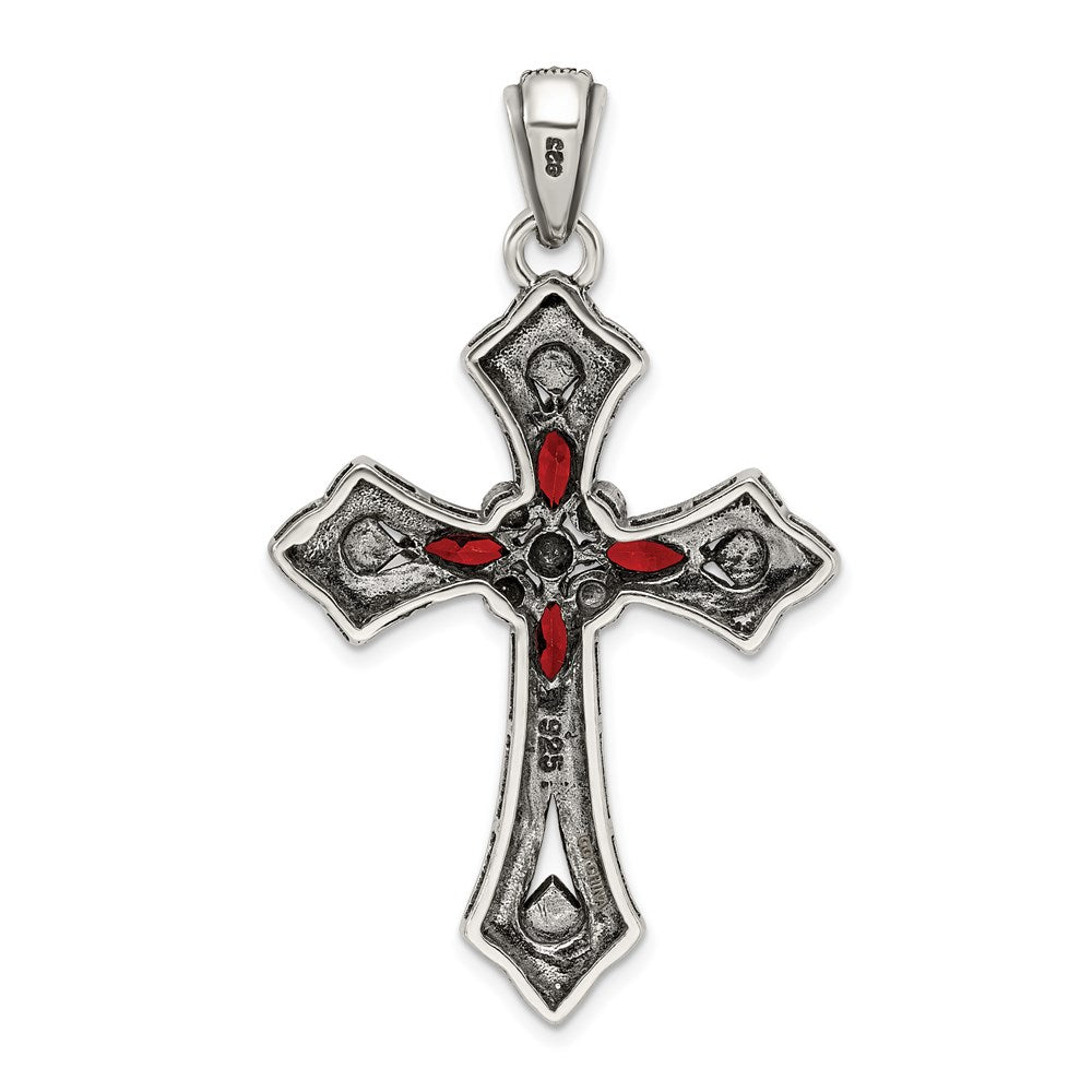Alternate view of the Sterling Silver, Red CZ & Marcasite Antiqued Passion Cross Pendant by The Black Bow Jewelry Co.
