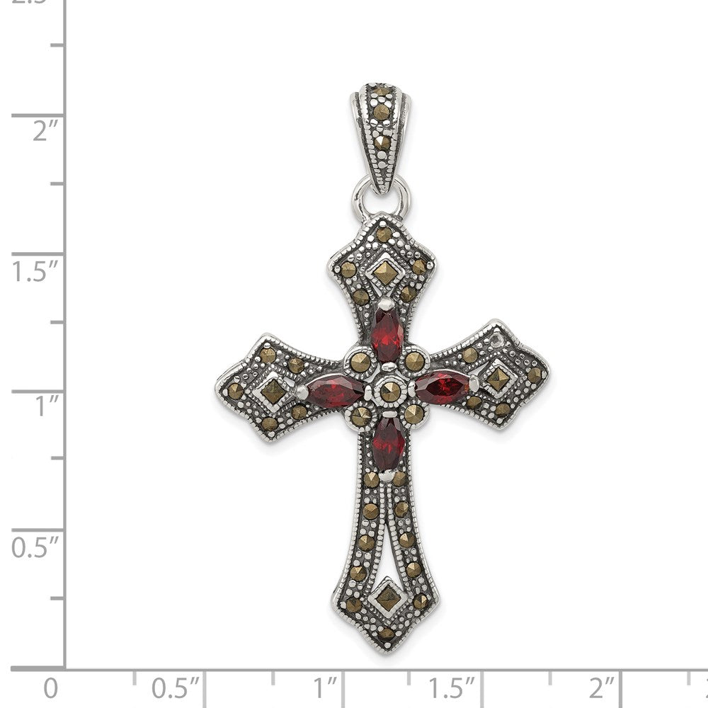 Alternate view of the Sterling Silver, Red CZ & Marcasite Antiqued Passion Cross Pendant by The Black Bow Jewelry Co.