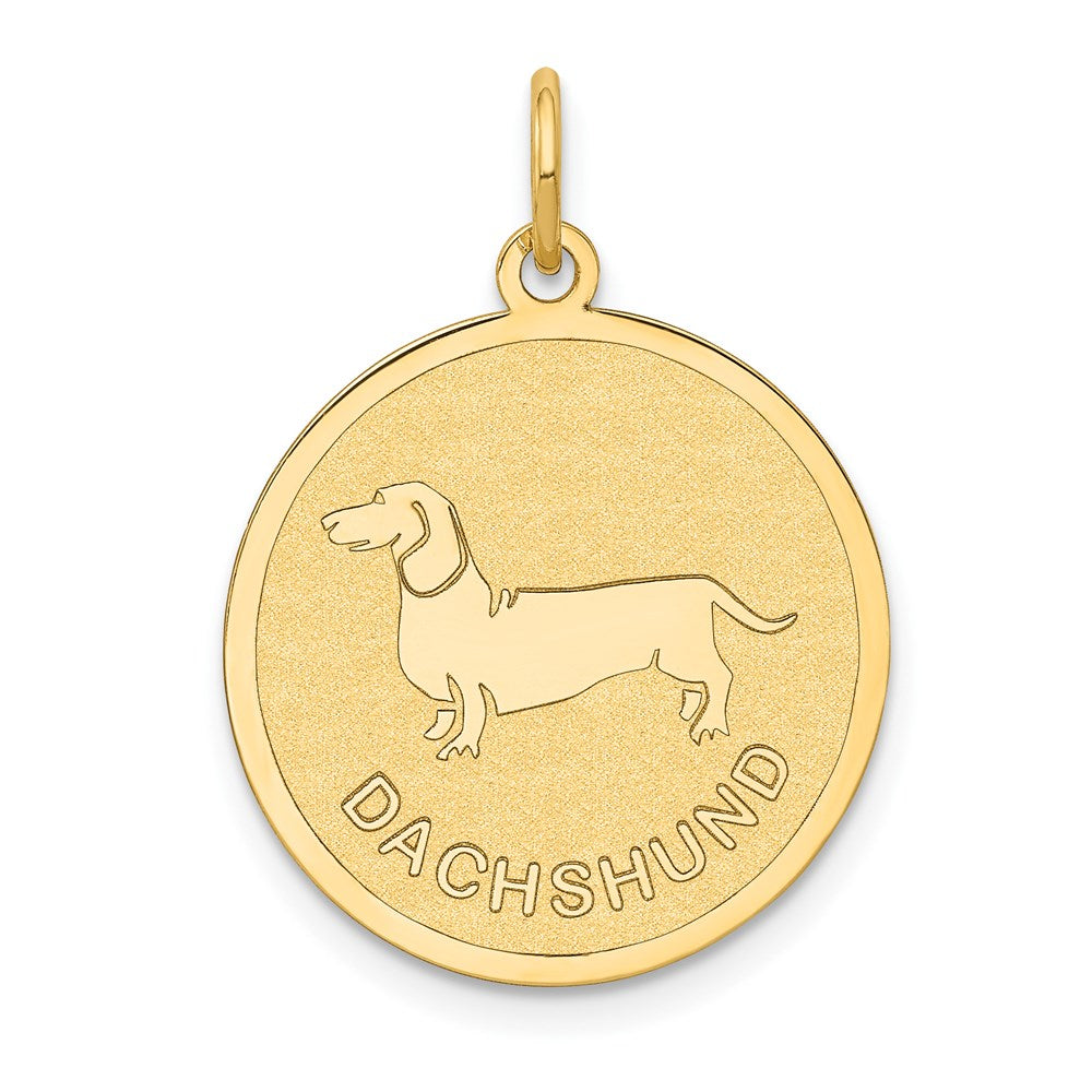 14k Yellow Gold Laser Etched Dachshund Disc Pendant, 19mm, Item P10867 by The Black Bow Jewelry Co.