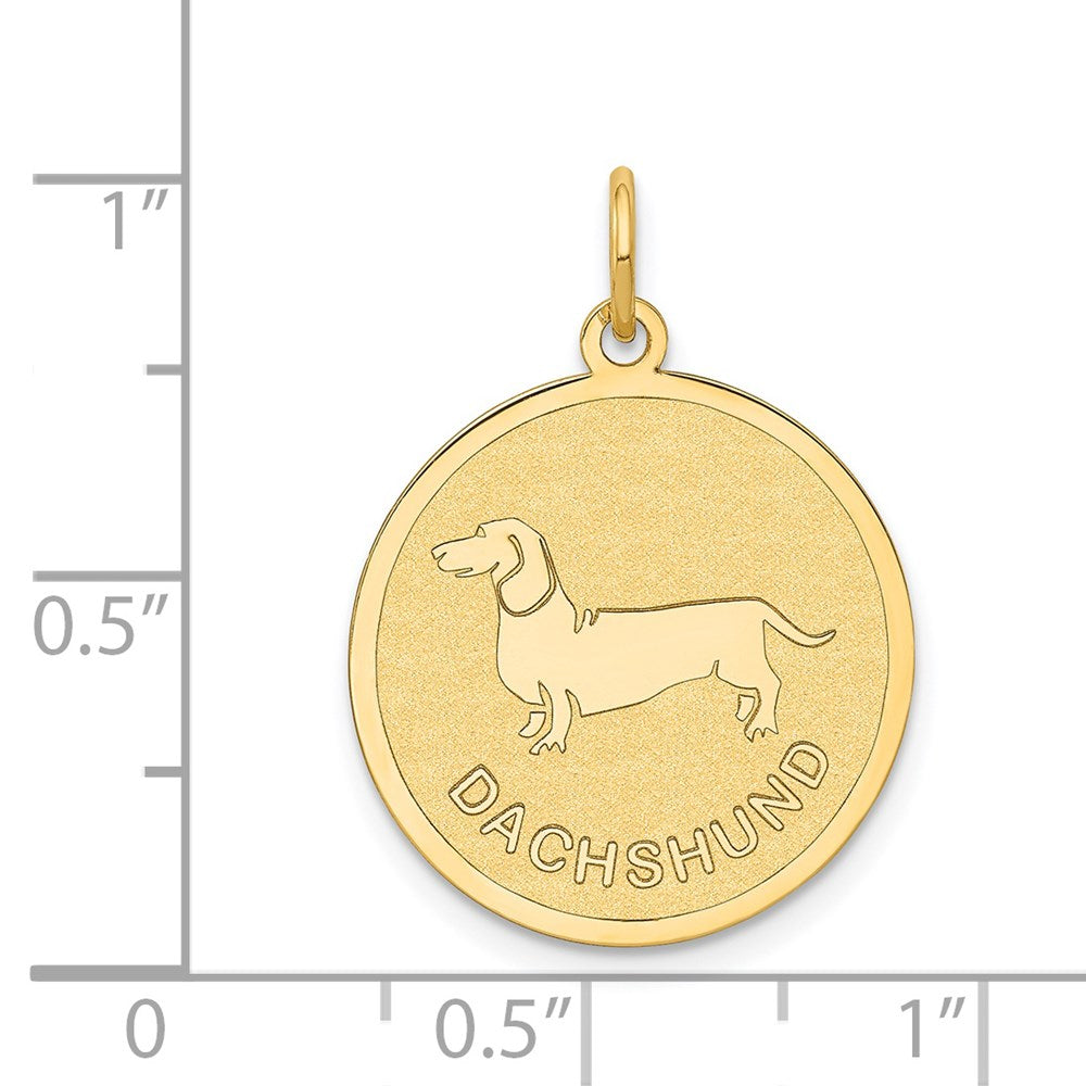 Alternate view of the 14k Yellow Gold Laser Etched Dachshund Disc Pendant, 19mm by The Black Bow Jewelry Co.