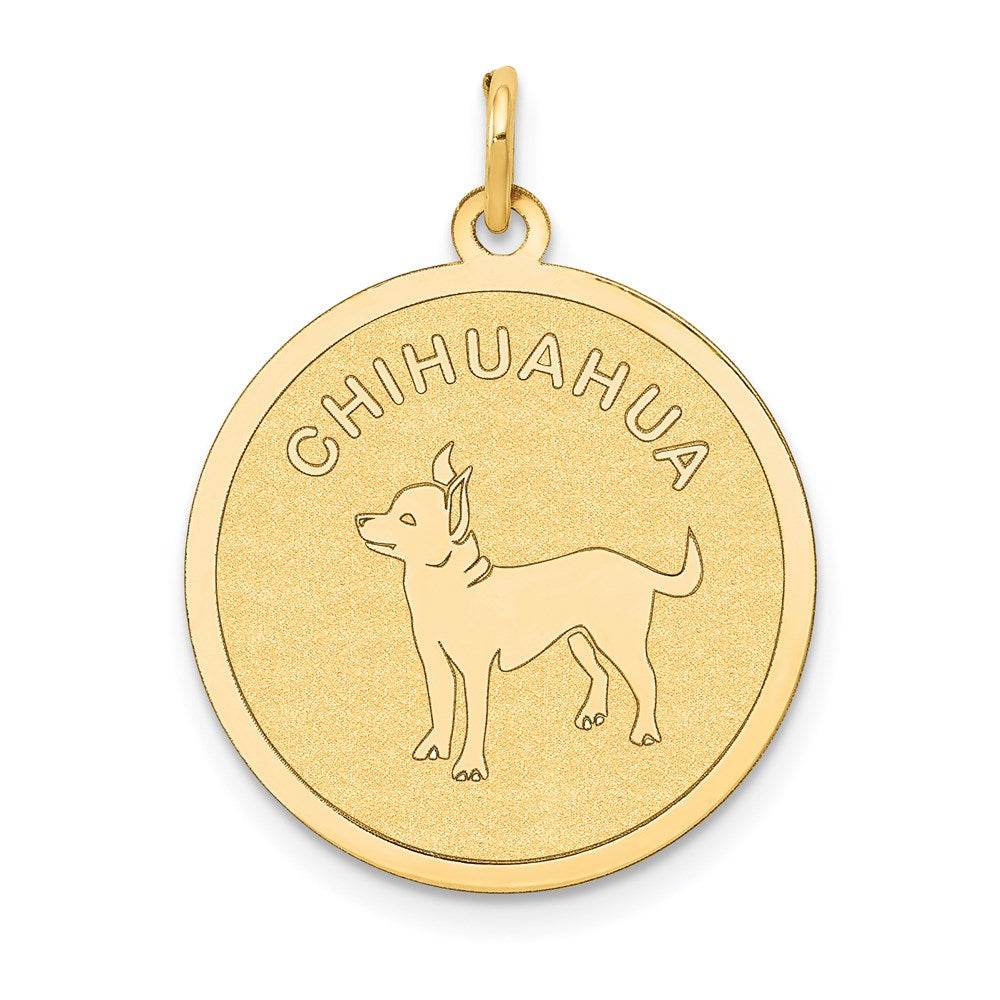 14k Yellow Gold Laser Etched Chihuahua Disc Pendant, 19mm, Item P10872 by The Black Bow Jewelry Co.