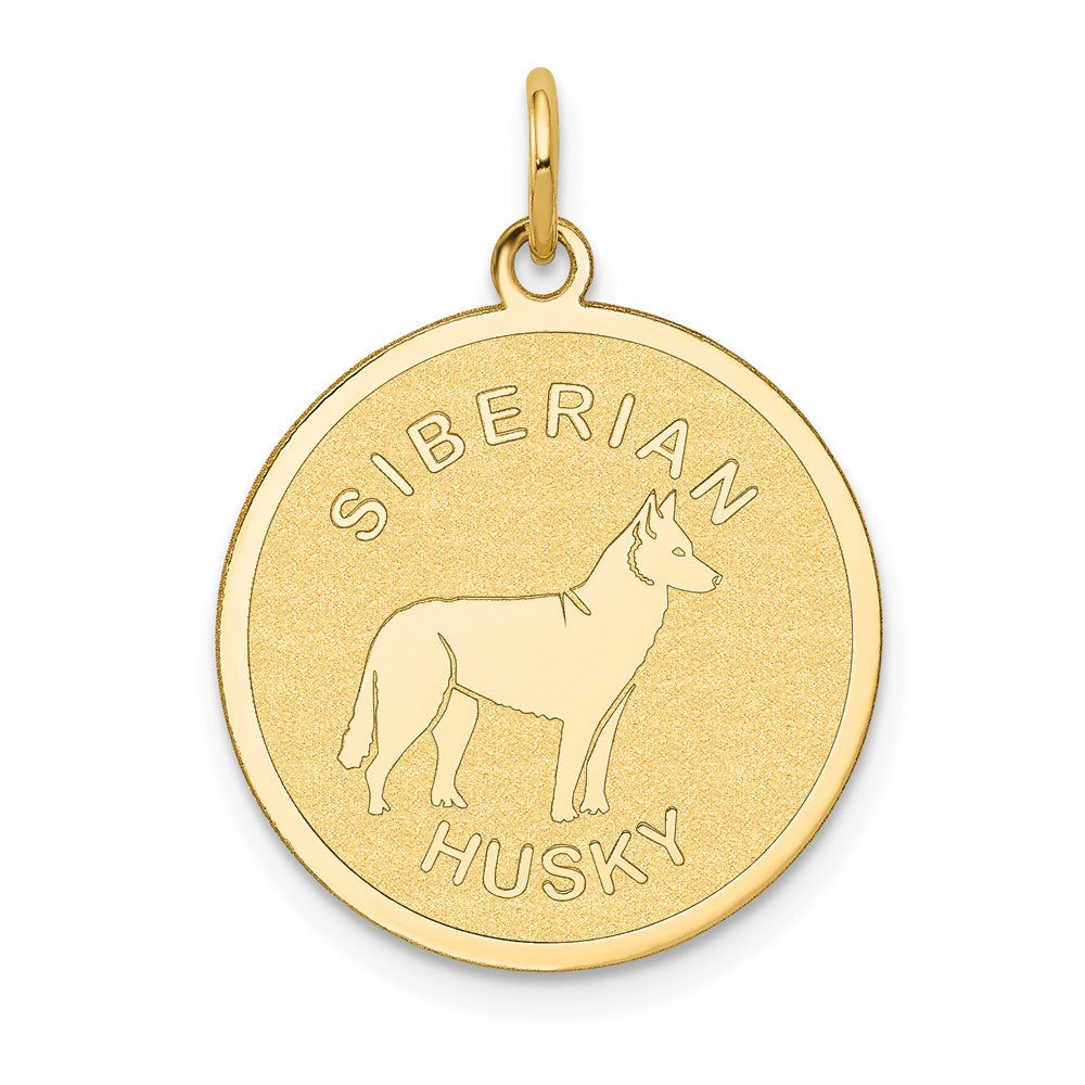 14k Yellow Gold Laser Etched Siberian Husky Disc Pendant, 19mm, Item P10877 by The Black Bow Jewelry Co.