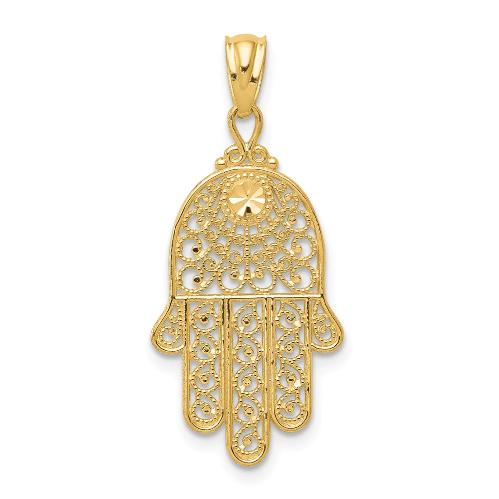 14k Yellow Gold Diamond-Cut Filigree Hamsa Pendant, 13 x 29mm, Item P10881 by The Black Bow Jewelry Co.