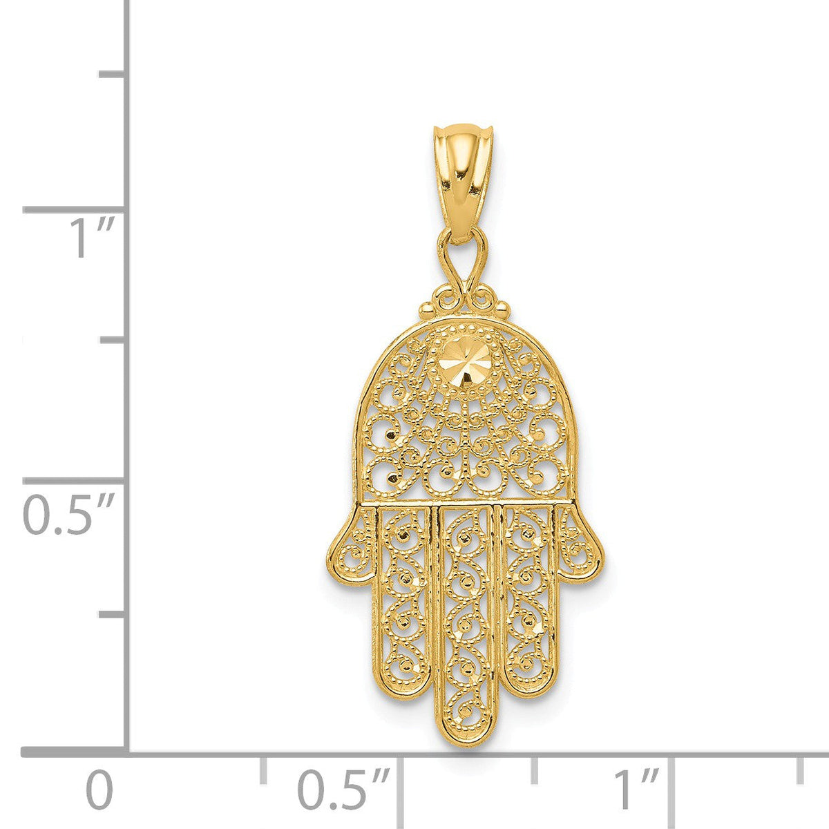 Alternate view of the 14k Yellow Gold Diamond-Cut Filigree Hamsa Pendant, 13 x 29mm by The Black Bow Jewelry Co.