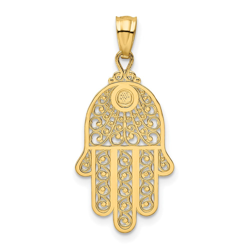 Alternate view of the 14k Yellow Gold Diamond-Cut Filigree Hamsa Pendant, 13 x 29mm by The Black Bow Jewelry Co.
